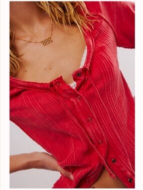 Free People Red Ribbed Button-Front Scoop Neck Top